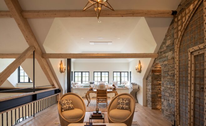 Loft with Timber Ceiling Beams and Stone Walls