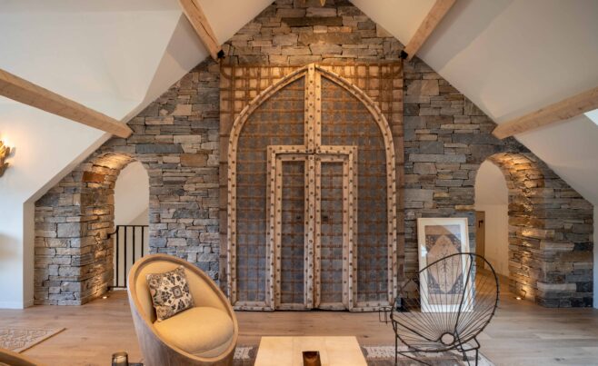 Arched Stone Work with and Hewn Wood Beams