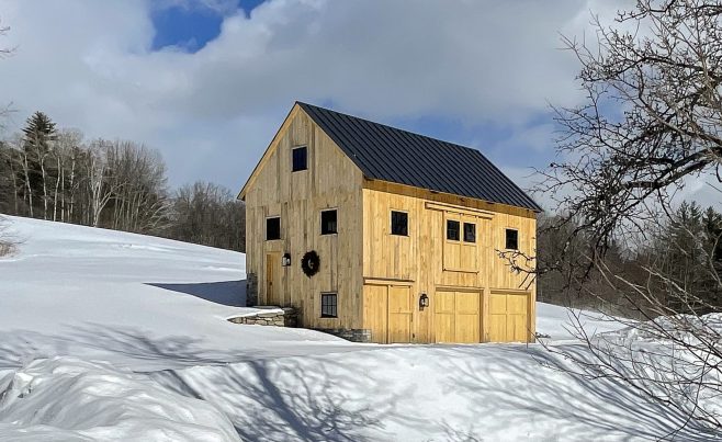 Bank Barn on a Winter Day with New Pine Siding