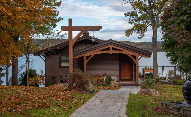 Vermont Lake House Timber Entry with Light Post