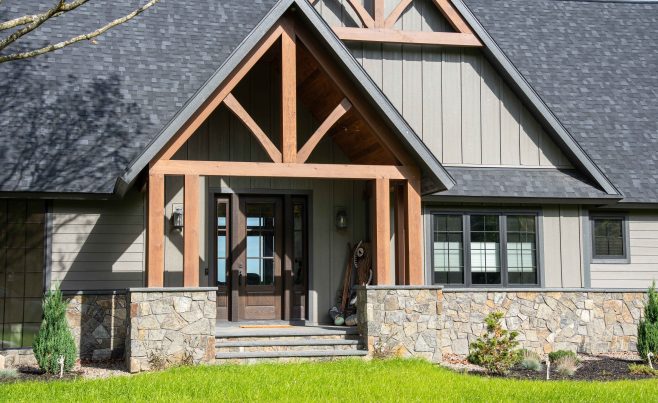 Post and beam entry with stone walls