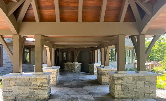 Timber Frame Covered Walkway for a Vermont Ski House