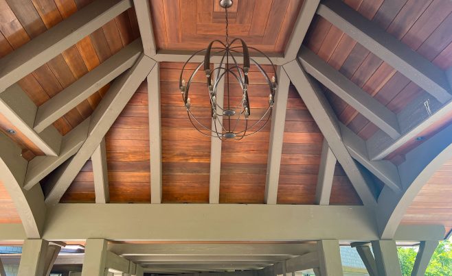 The timber ceiling of a porte cochere