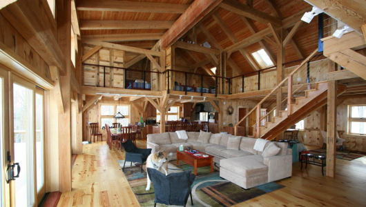 Loft ceilings in a post and beam barn home