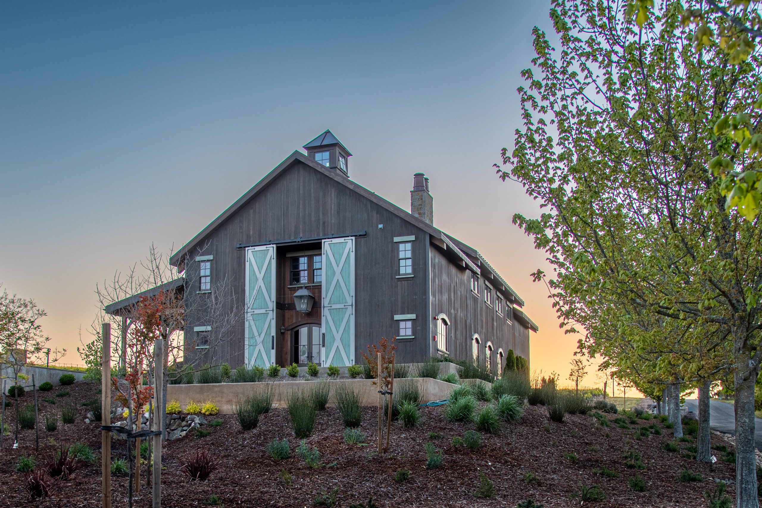 Exterior view of a timber framed barn in Napa, California
