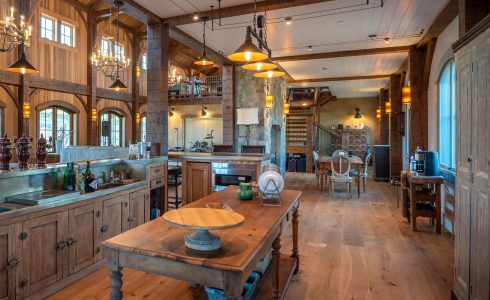 Dining area in an oak timber frame barn.