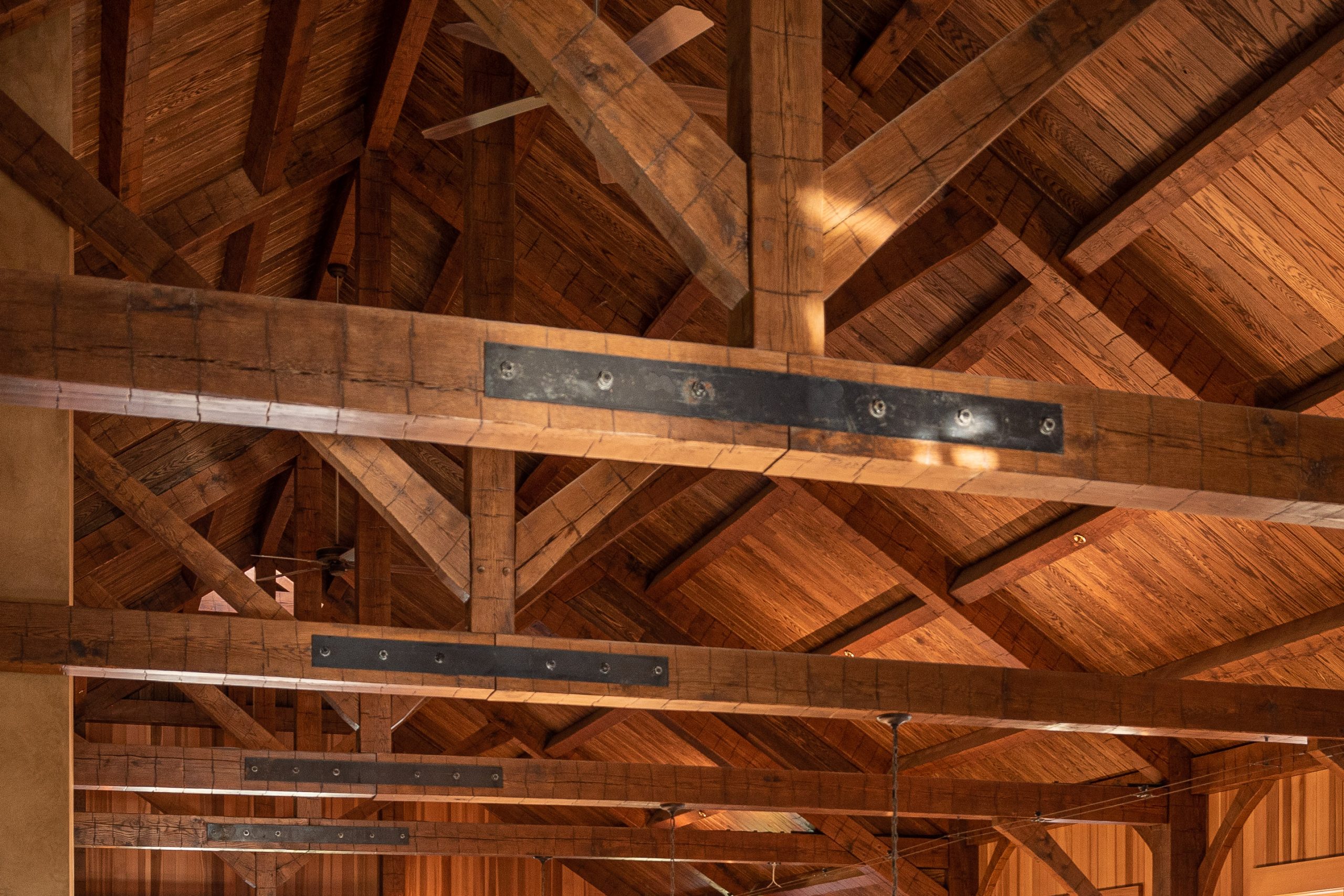 Steel Gusset Plate on a King Post Truss. Oak Hand Hewn Barn