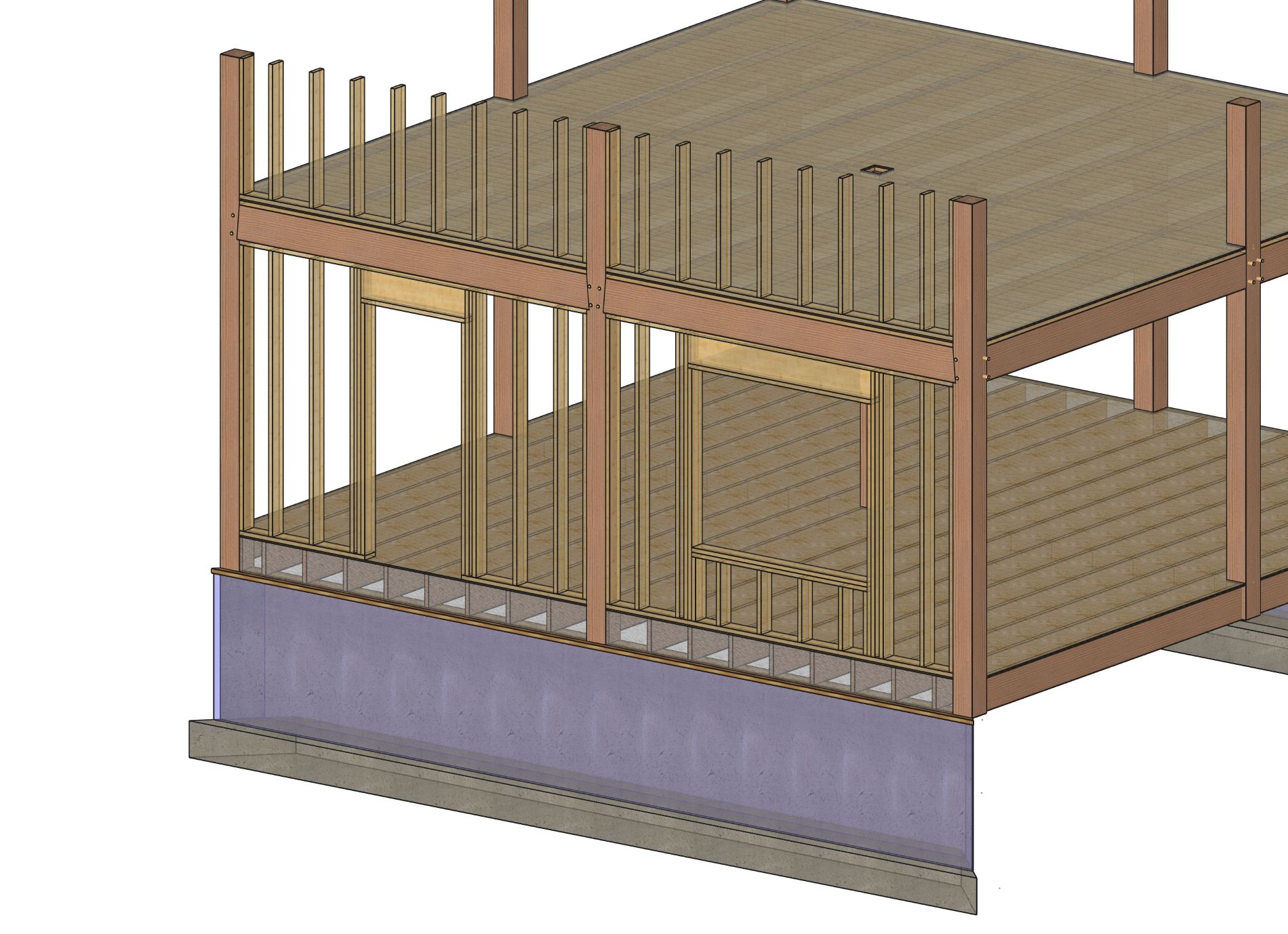 Timber Frame with 2x Framed Wall Flush to Posts