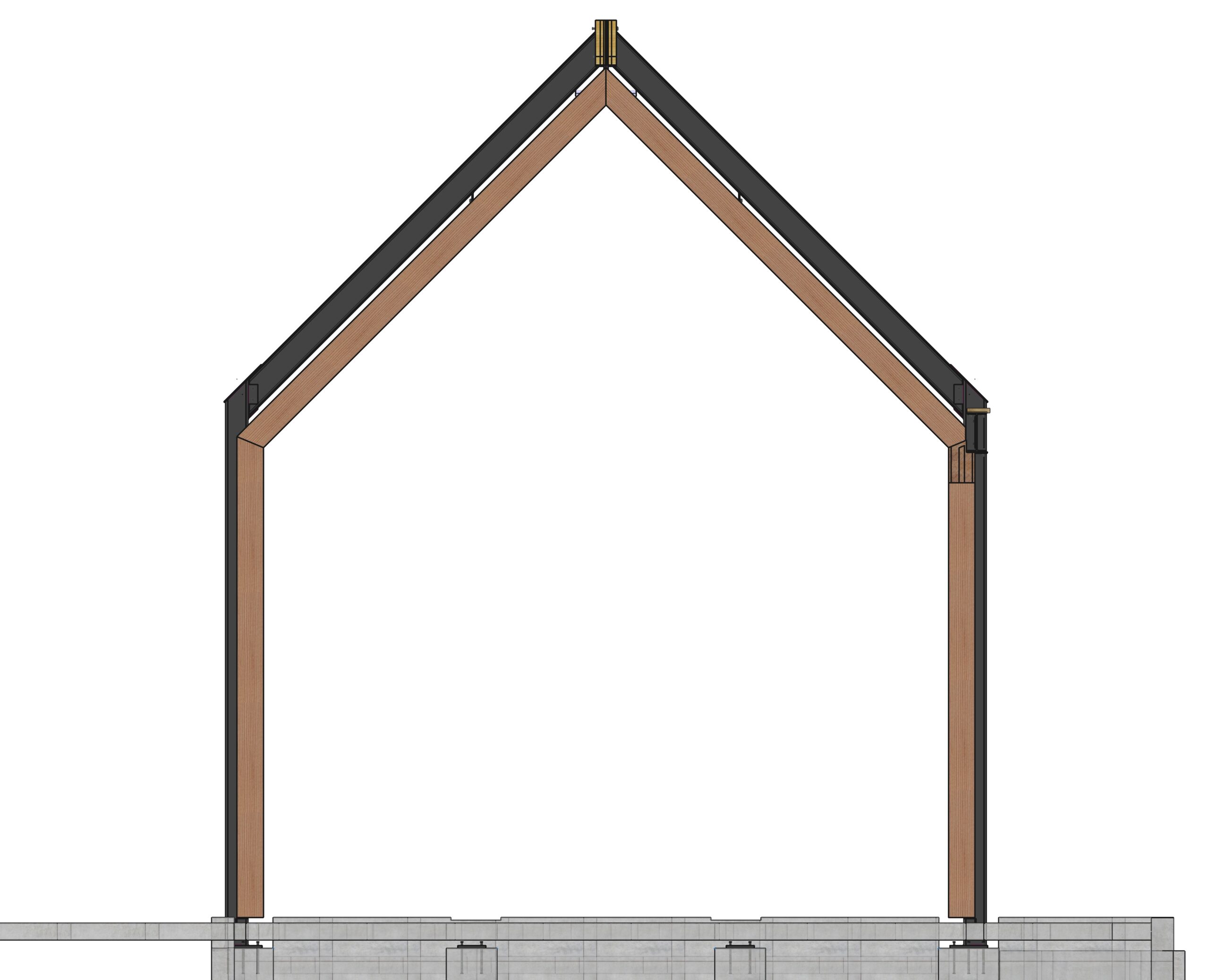 Open timber truss buttressed with steel moment frame