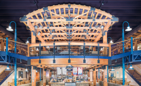 Heavy Timber Cafeteria Frame with Black Steel Gusset Plates on Douglas Fir Timber